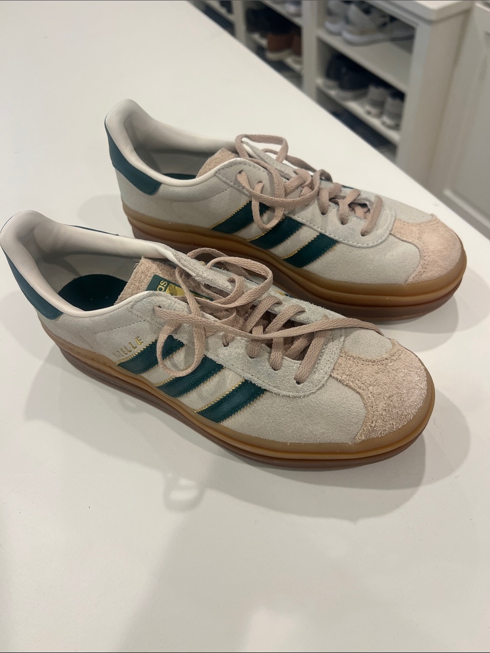 adidas Women’s Gazelle cream Suede Sneakers with Dark Green Stripes and Gum Sole